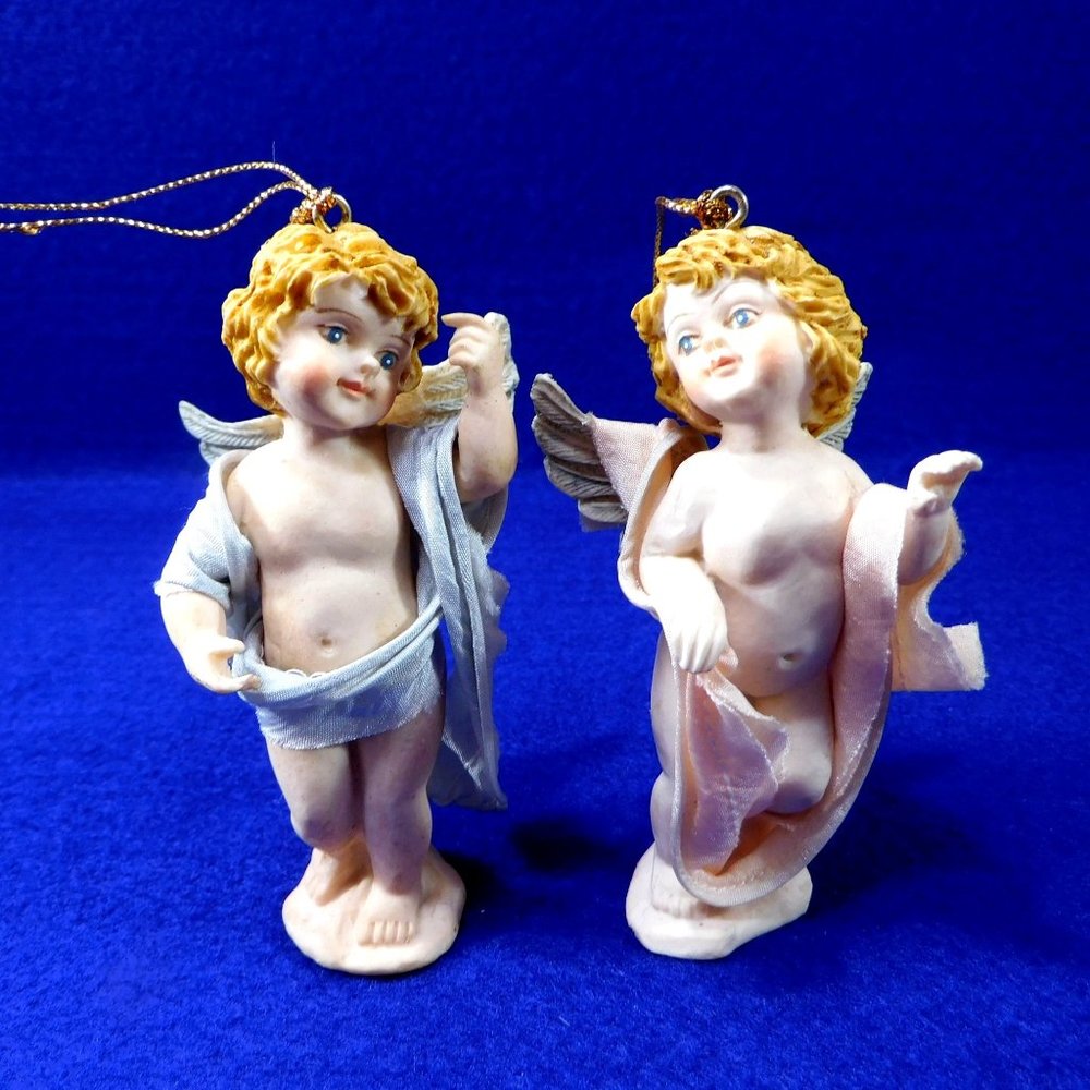 Pair of Vintage Cherub Angel Ornaments by Ardco Painted Resin